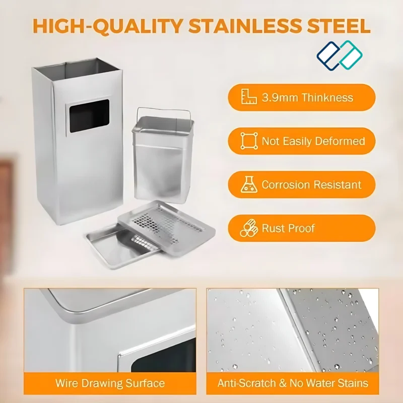 Stainless Steel Ashtray Bin Square silver colour