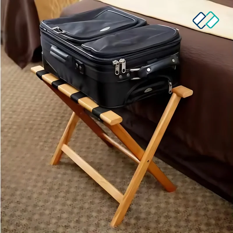 Luggage Rack Deep Brown Color For Hotel Room image in hotel with bag