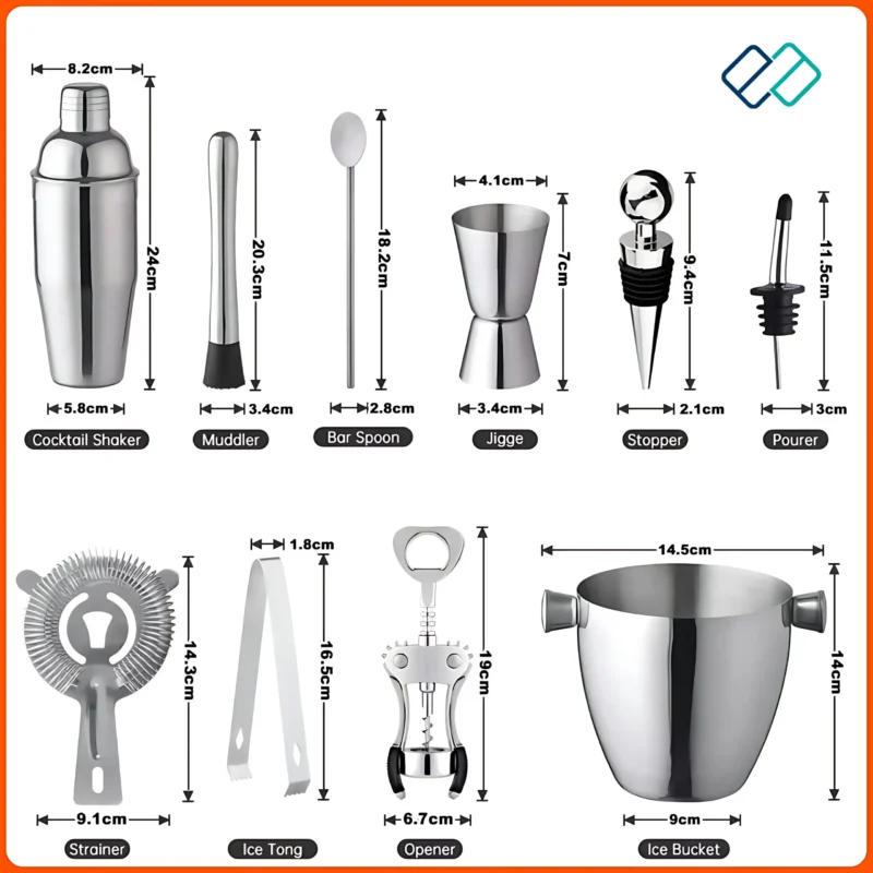 Barware Tools 12 pcs Bartender Kit Stainless Steel Bar Accessories dimension