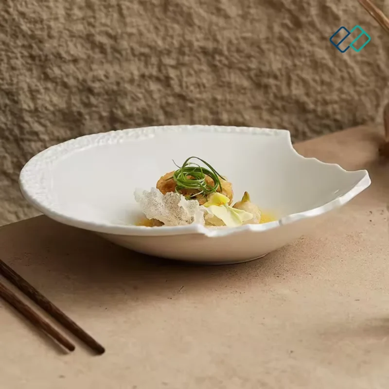 Unique Irregular White Dinner Plates / Salad Bowl side view